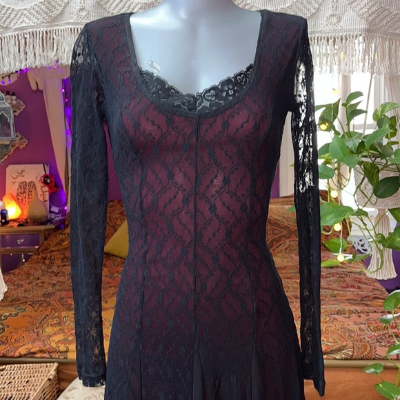 Morbid Threads Dresses & Skirts - Vintage Y2K Goth Morbid Threads Black & Burgundy Red Lace Maxi Dress Gown